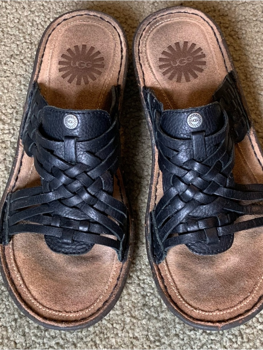 UGG woven thick black leather sandals women’s 6 low heel rubber soles comfort
